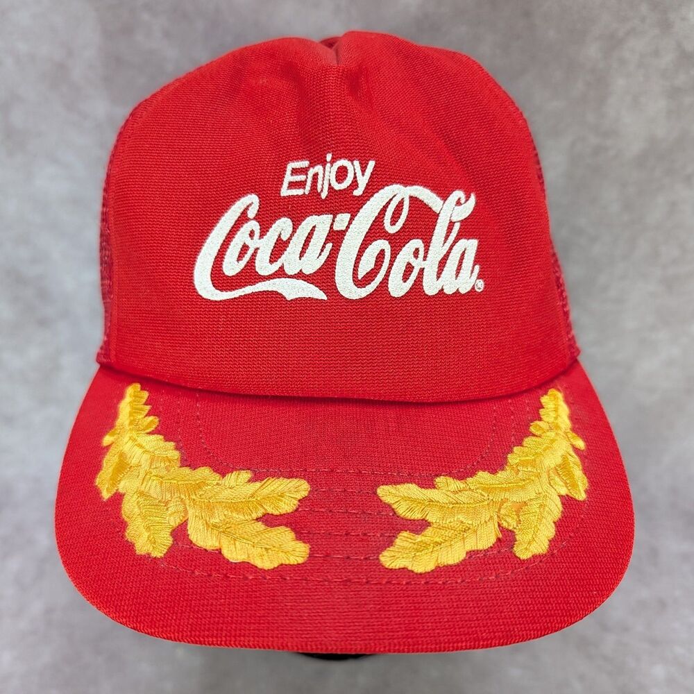 Vintage Enjoy Coca-Cola Red Mesh Trucker Hat Snapback Scrambled Eggs USA 80s